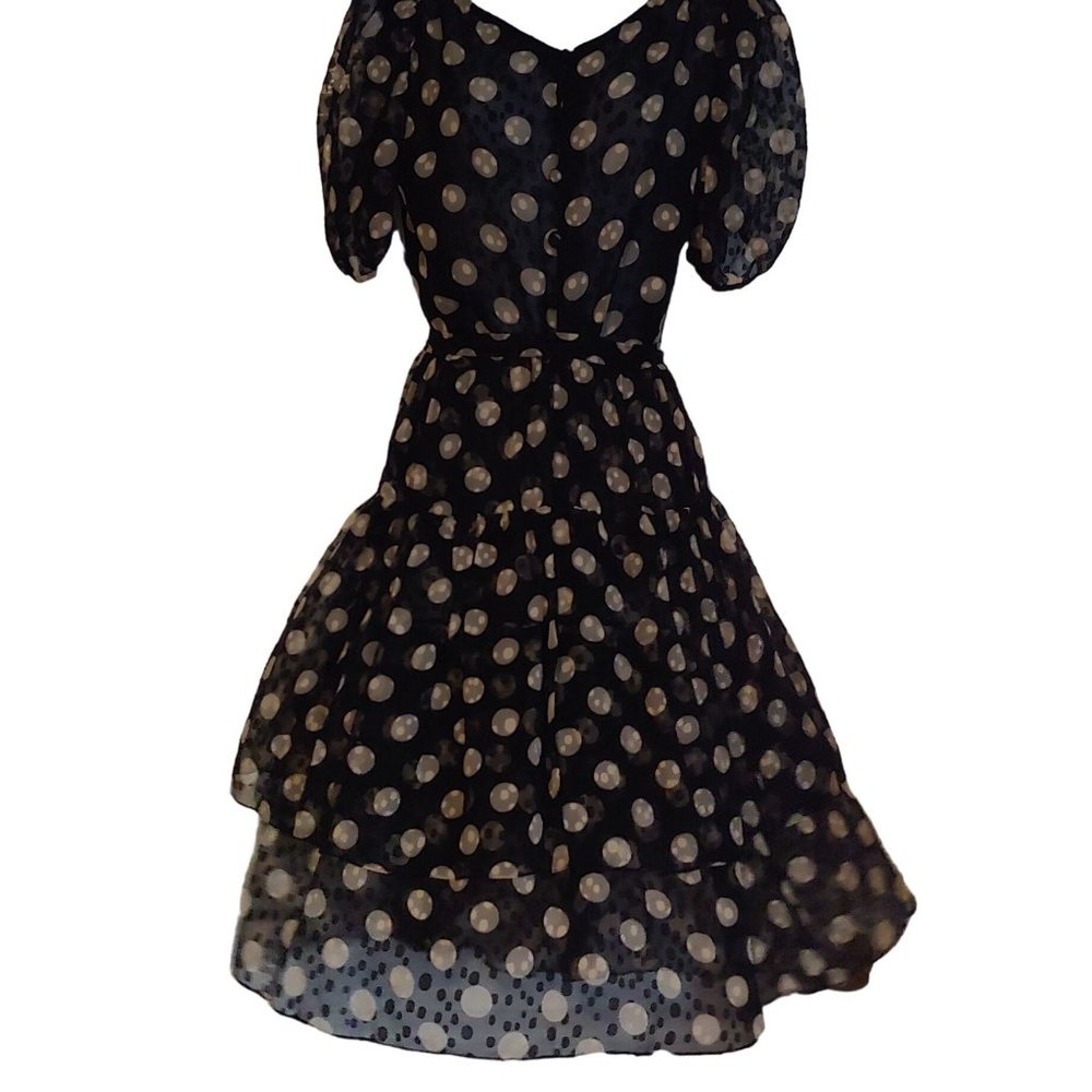 Hanae Mori Vintage 100% Silk Short Sleeve Button Top Tiered Midi Skirt Polka Dot - Picture 3 of 16
